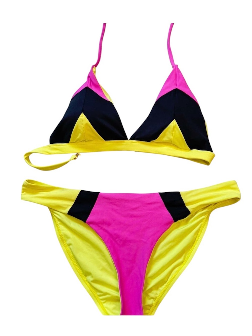 PilyQ Colorblock Bikini Set in Pink, Yellow, Black Size Medium Halter